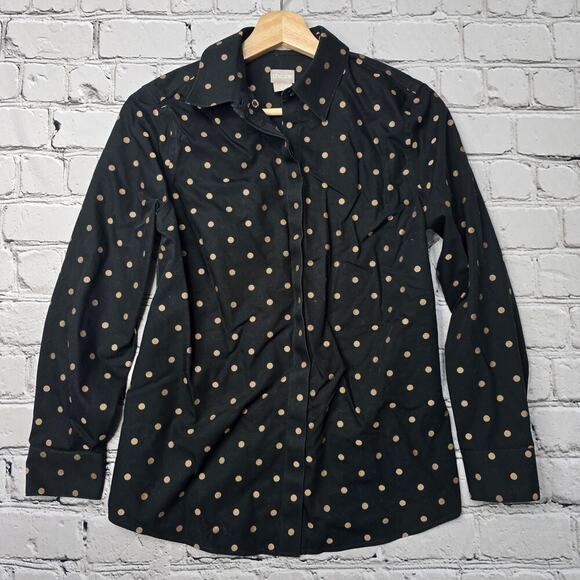 Chicos Black Gold Polka Dots No Iron 100% Cotton Blouse Size 00P (Size 0/2P) - Picture 2 of 12